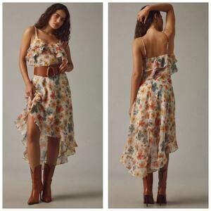 Anthropologie Sleeveless Asymmetric Ruffled Midi Dress Size Small Chiffon Fairy